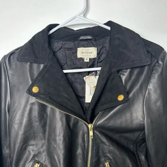 Sezane Black Leather Moto Jacket Size M Full Zip Retro Classic NWT Timeless - Picture 2 of 13